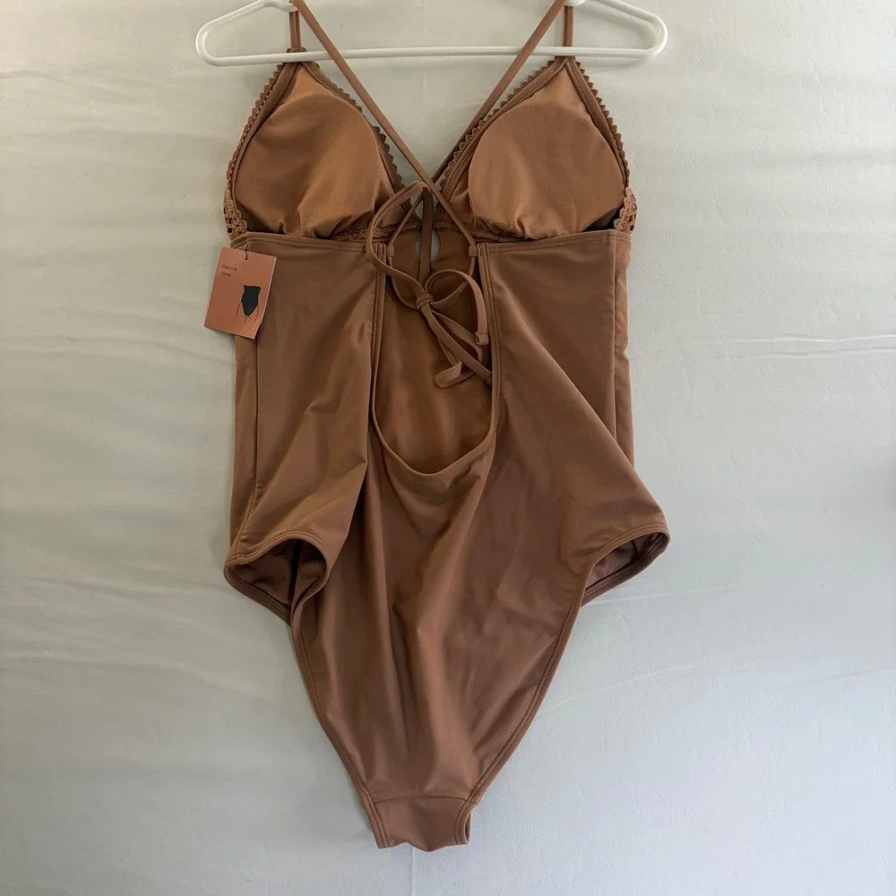 Shade‎ & Shore Women Brown Crochet High Leg Cheeky One Piece Swimsuit Large NEW